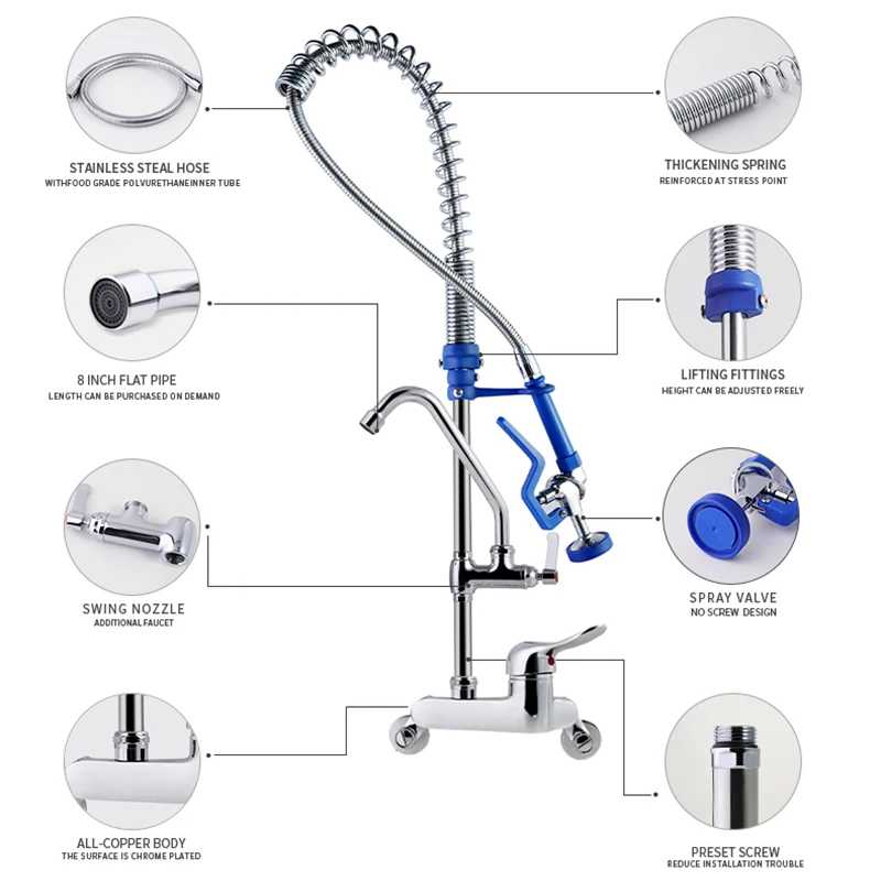 Modern Design Single-Hole Wall Mounted Faucet Easy Installation Hotel Kitchen Use with Adjustable Height 2-Hole Pre Rinse Unit factory