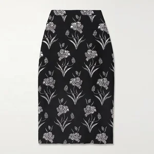 Clothing Manufacturer Custom Spring Autumn Black High Waist Stretch Elegant Casual Women Jacquard Midi Skirt