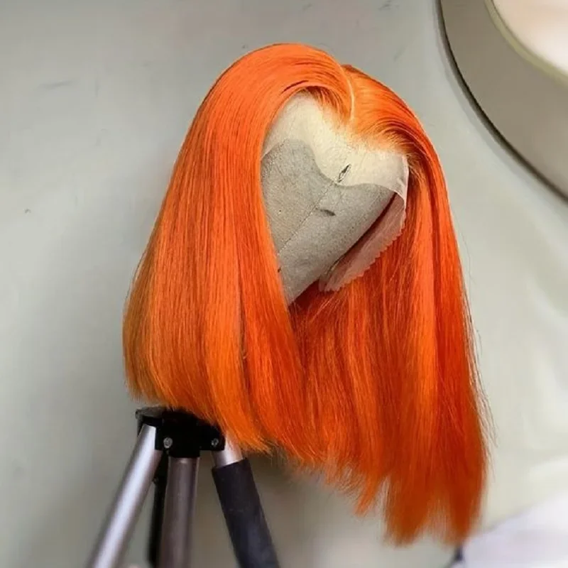 Ingwer-orange, kurze Bob-Perücke, glattes Echthaar, transparent, 4 x 4 Verschluss, Spitzenfront, vorgezupfter Haaransatz_voghion.com