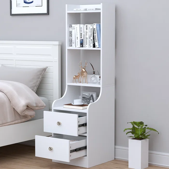Modern Wood Nightstand with Bookshelf and Storage Cabinet Bedside ...