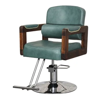 Modern Hydraulic Barber Chair with Wooden Armrest - Stylish Salon Styling Chair with Comfortable Green Leather Cushion