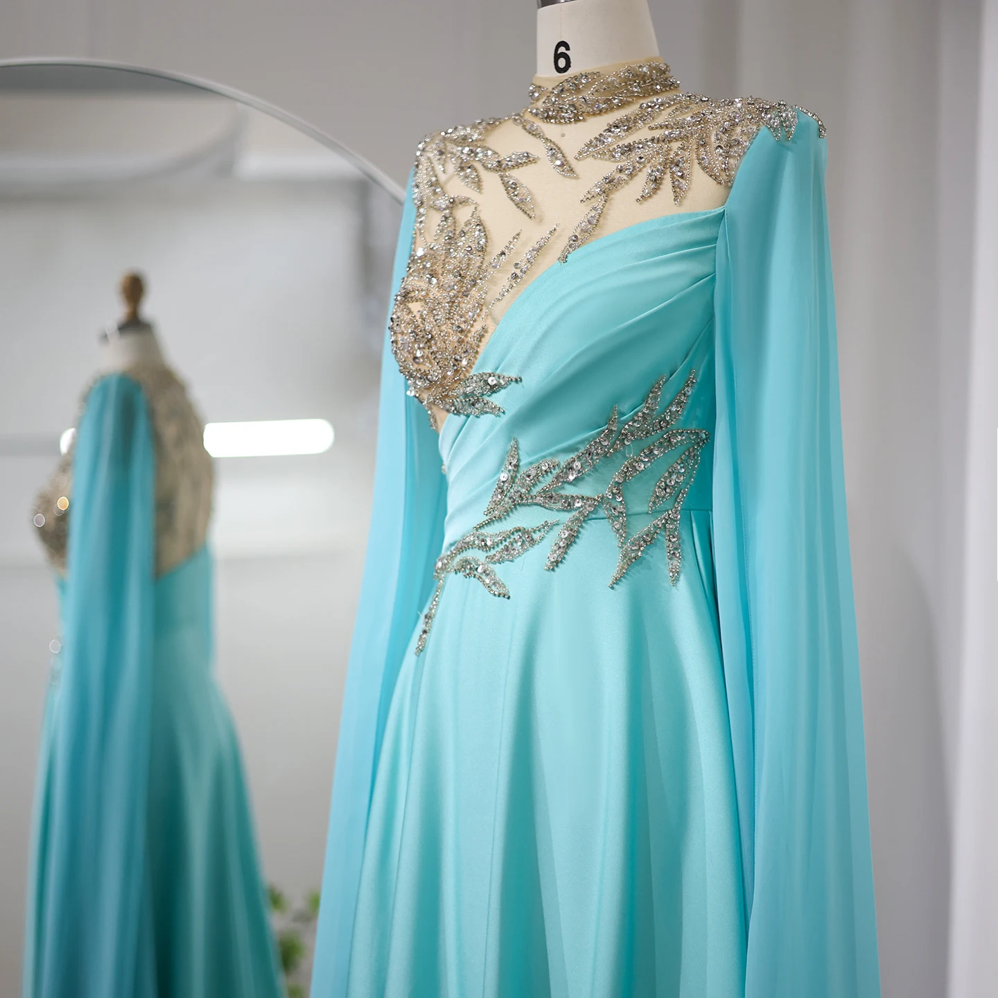 Luxury Crystal Turquoise Blue Evening Dress With Cap Sleeves 2024 High Neck  Arabic Women Wedding Party Dress Sz207-1