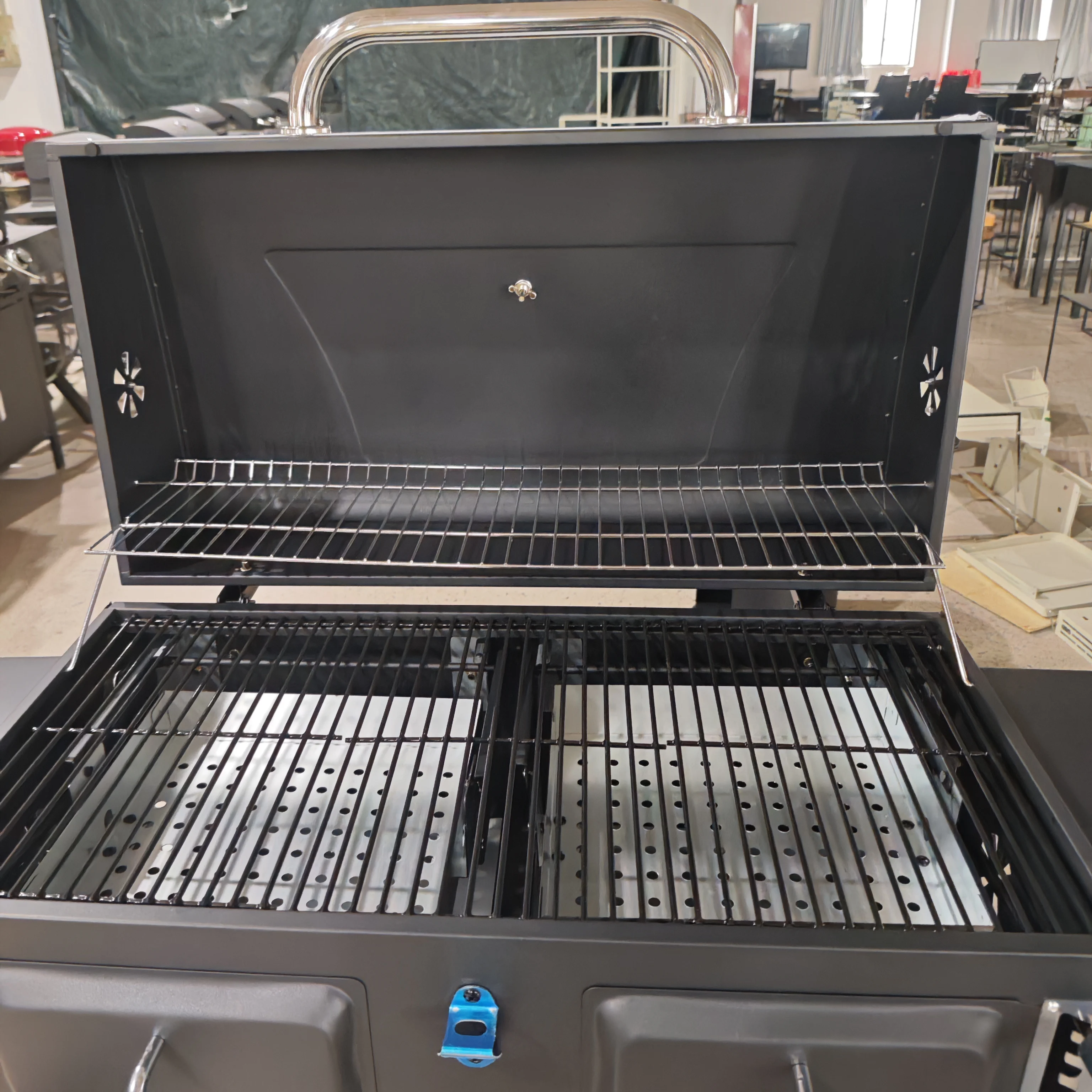 product large royal backyard adjustable height bbq grill smoker barbecue charcoal grill with chimney and thermometer-4