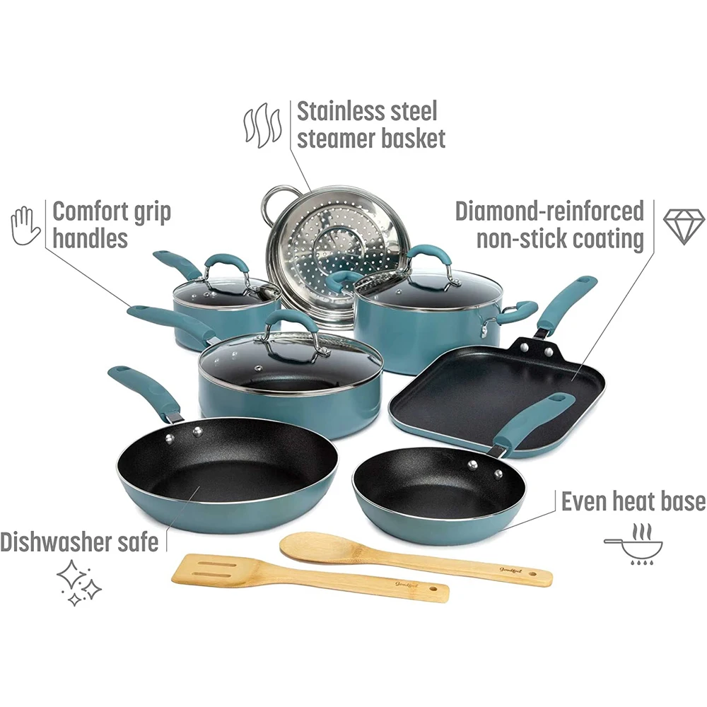 Competitive 12-Piece Set of Non-Stick Aluminum Cookware Fry Pans Pots Ceramic Coating Tempered Glass Lid Hot Sale Metal Cookware