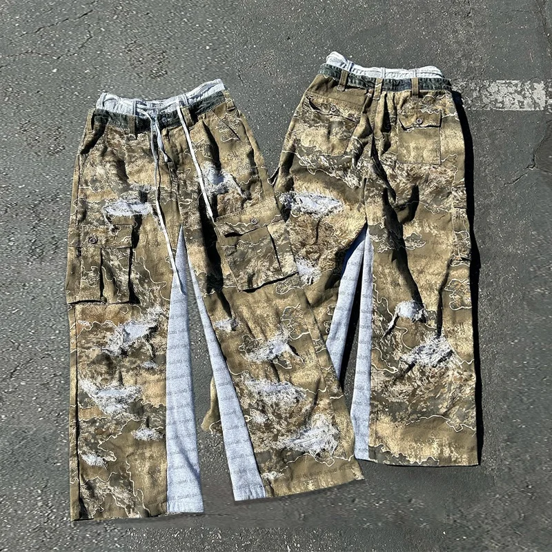 Double Waist Layer Flared Sweatpants Frayed Custom Patchwork Wide Leg Cotton Baggy Fit Sweat Trousers Cotton Camo Cargo Pant Men gallery 2