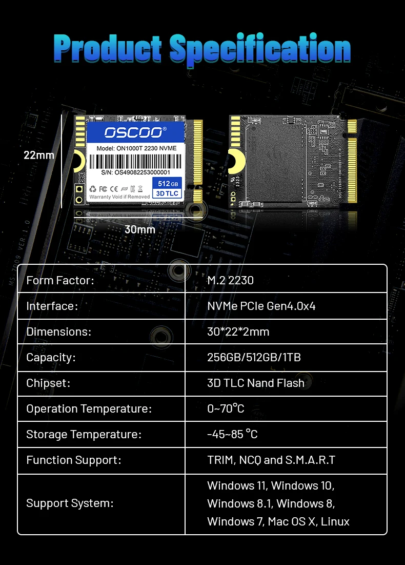 OSCOO 1TB M.2 2230 PCIe 4.0 NVMe SSD - High-Speed 500GB & 2TB