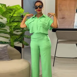 GX7043 Fashion Spring Summer Boutique Outfit Women Lounge Wear Short Sleeve Cropped Shirt and Wide-leg Pant 2 Piece Set
