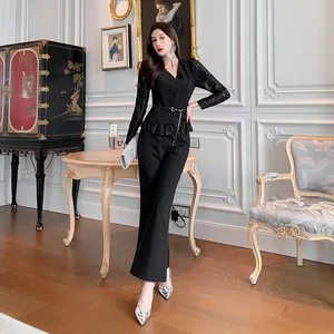 ZYHT 5236 Autumn New Arrivals Black V Neck Long Sleeve Lace Patchwork Two Piece Flare Long Pants Suits Set for Women