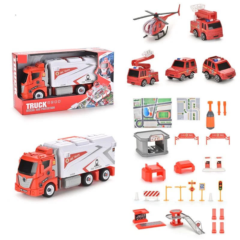 Hot Assembly 3 in 1 Deformation Truck Robot Toys Pull Back Diy Assembly Fire Engine Model Kit