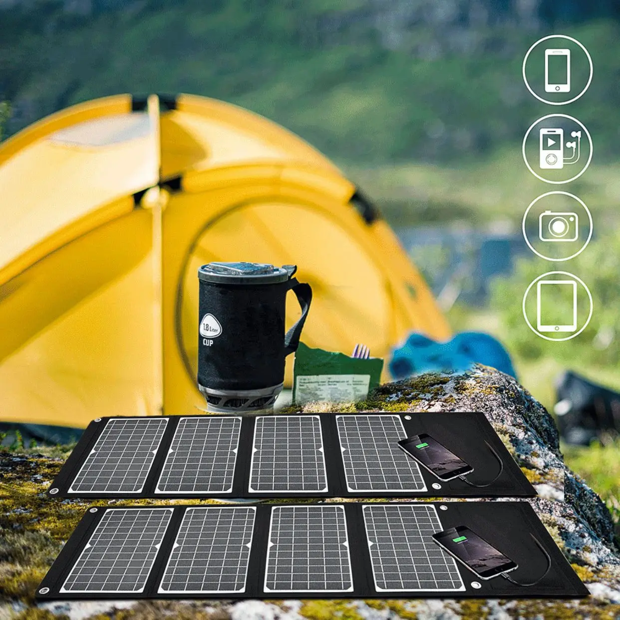 30w Etfe Folding With Solar Panel Battery Pack Camping Tents Qc3.0 Output 5v9v12v Outdoor Fast