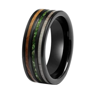 Moss Agate Band 8mm TIZTI Tungsten Ring with Deer Antler Moss Agate Antler and Whiskey Barrel Wood Inlay Wedding Band for Men