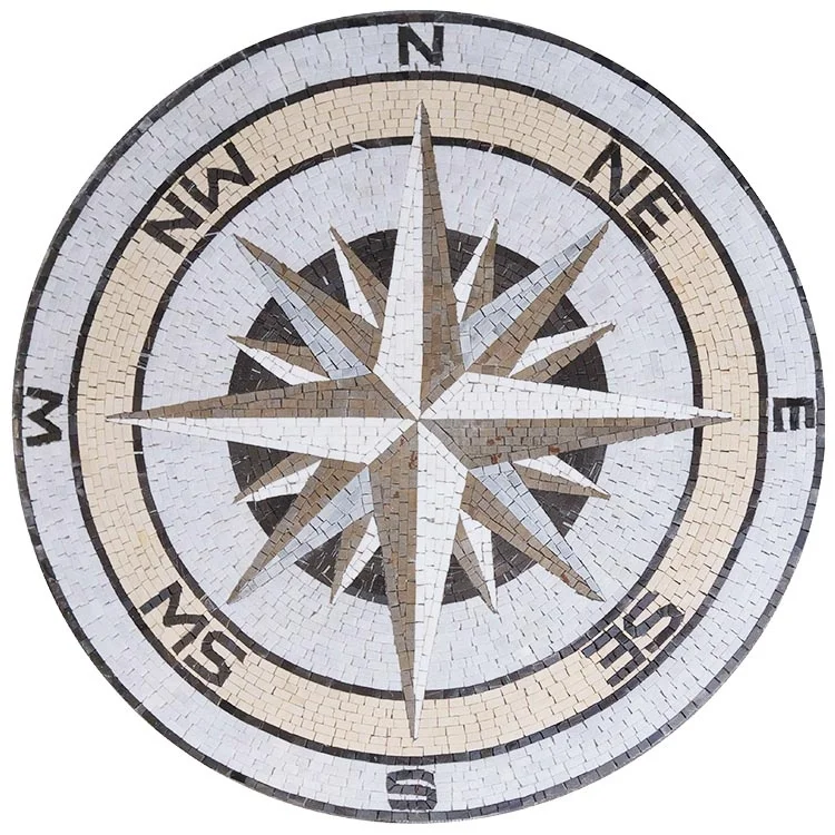 Nature Colors Marble Stone Handmade Compass Mosaic Medallion  Mesh Backing