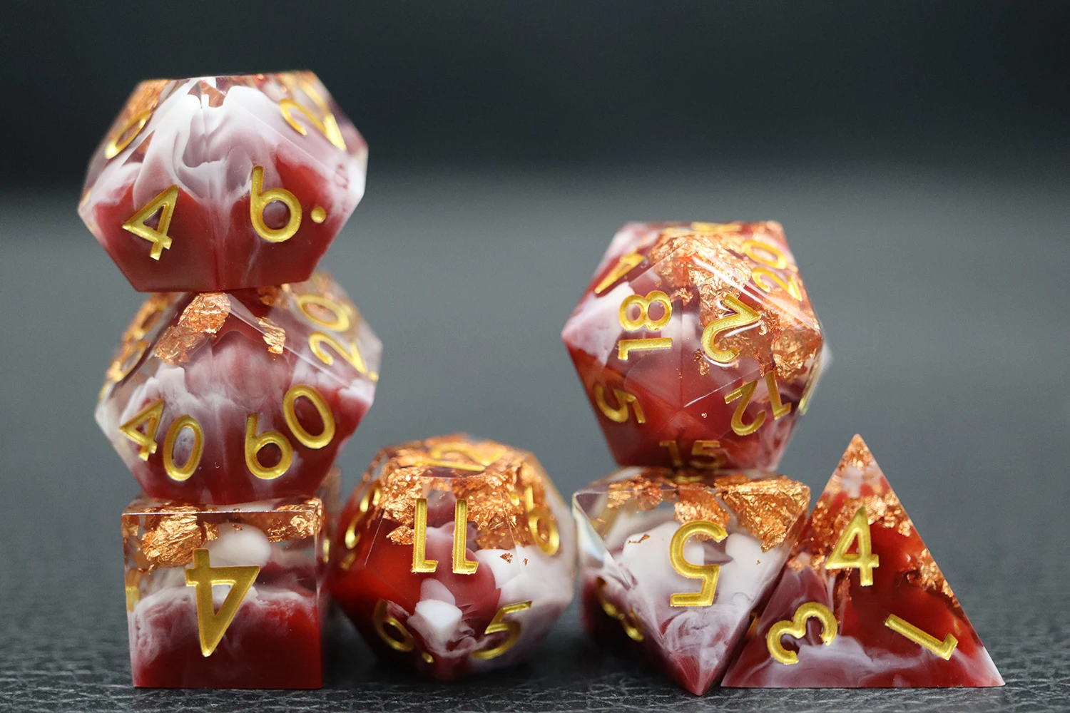 Custom Color Polyhedral DND Dice Set Gilt Liquid Core with Gold Number Made From Gemstone and Resin details