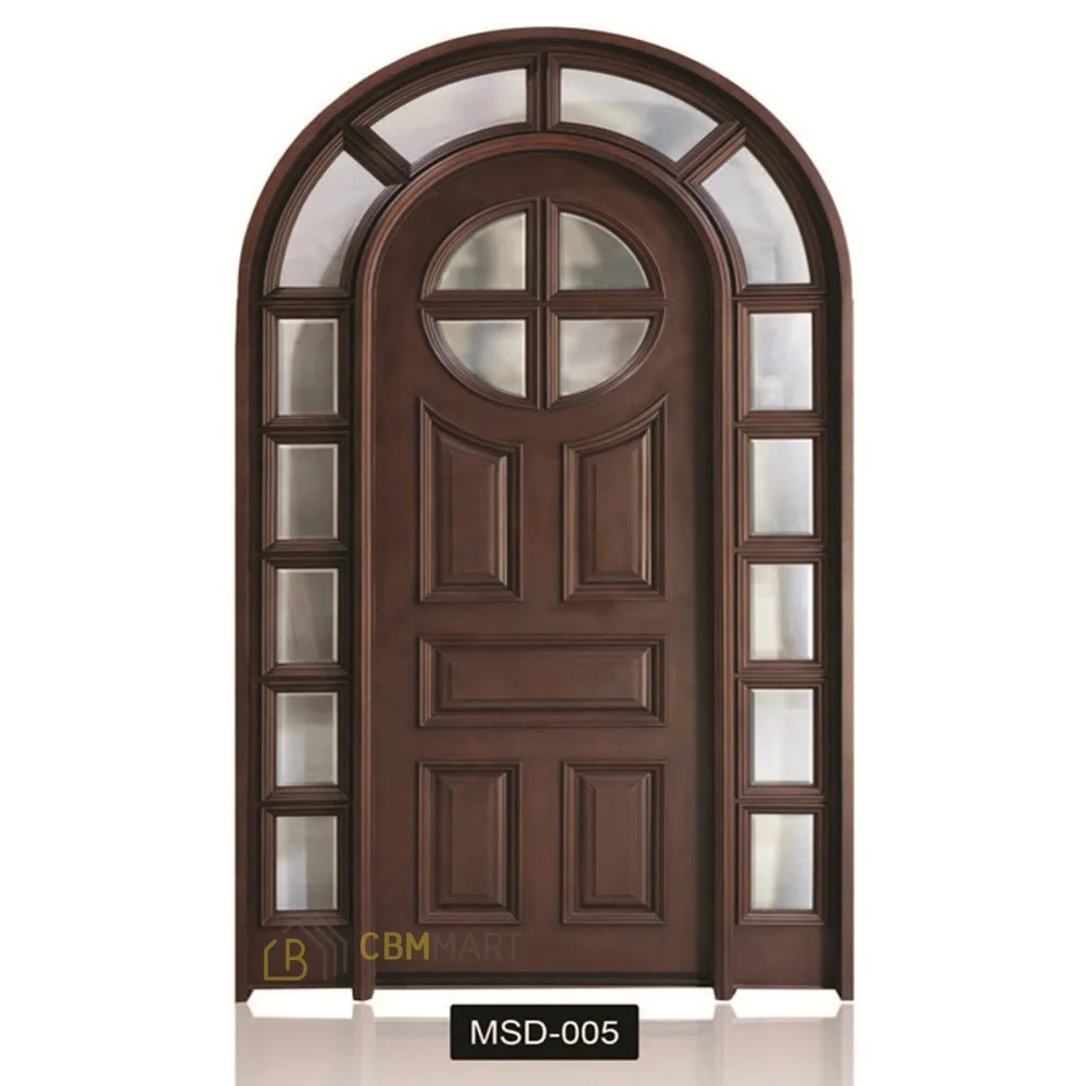 CBMmart Medieval Square Frame Double Arched Wooden Door Front Pivot Iron Window Frame Entrance Solid Wood Doors