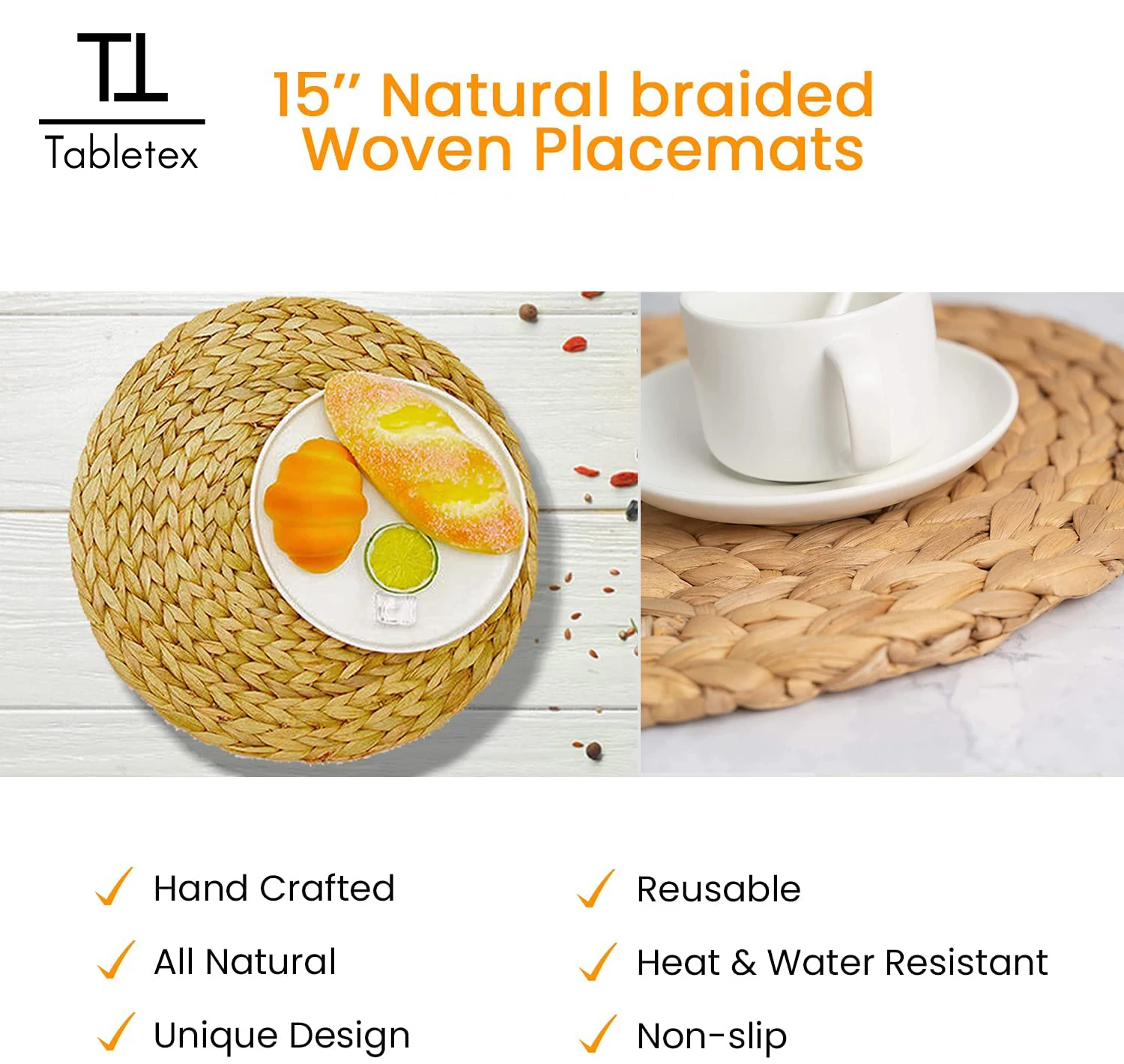 Tabletex Handmade Water Hyacinth Placemat Woven Round Table Mat Natural
