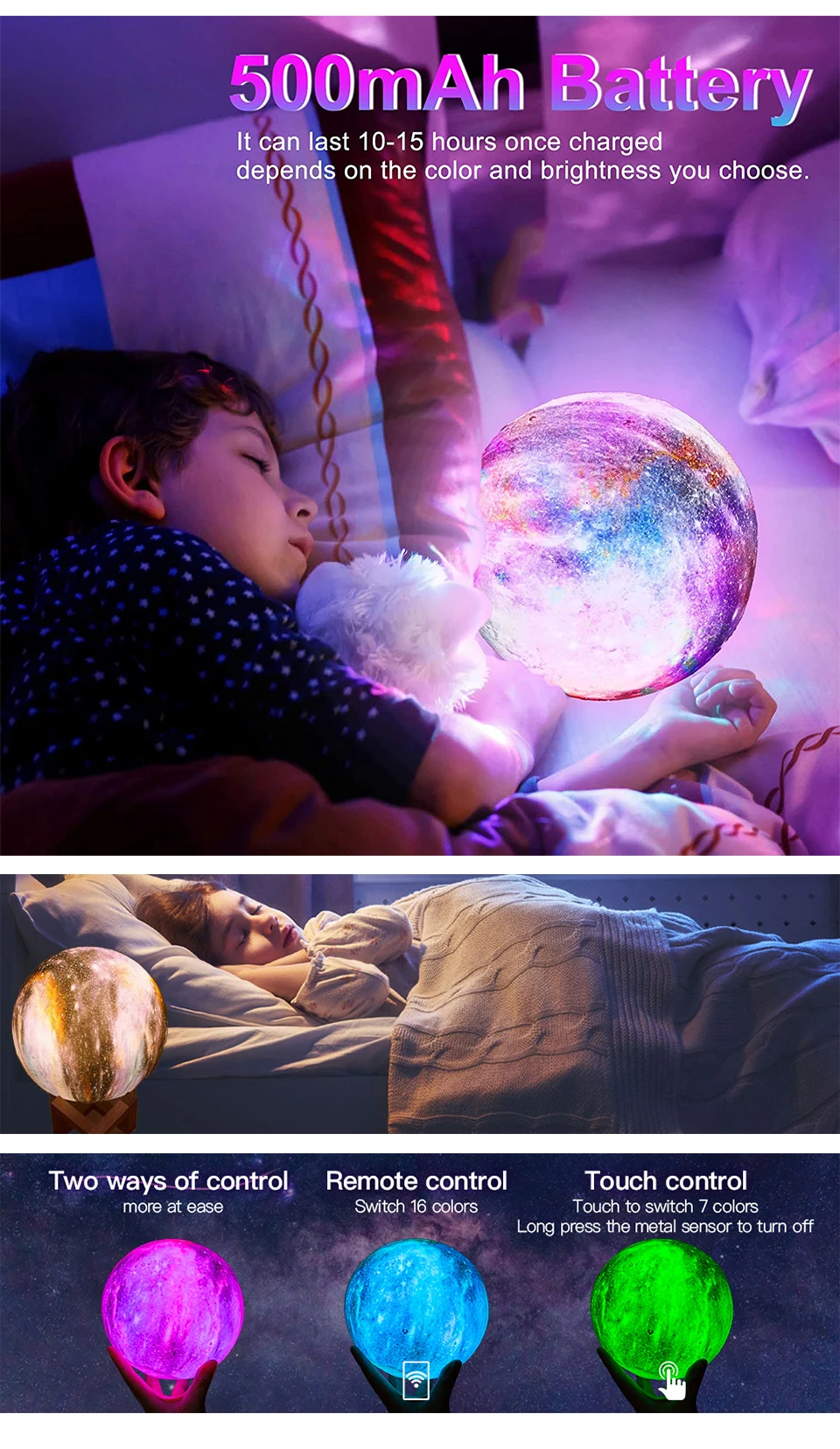 DOMIRA 3D Moon Lamp – 16 Color RGB, Touch & Remote, 13/18cm, Rechargeable