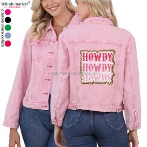 Fashion Embroidery Fall Jackets Long Sleeve Chenille Patch Casual Jean Washed Denim Sequin Jacket Women