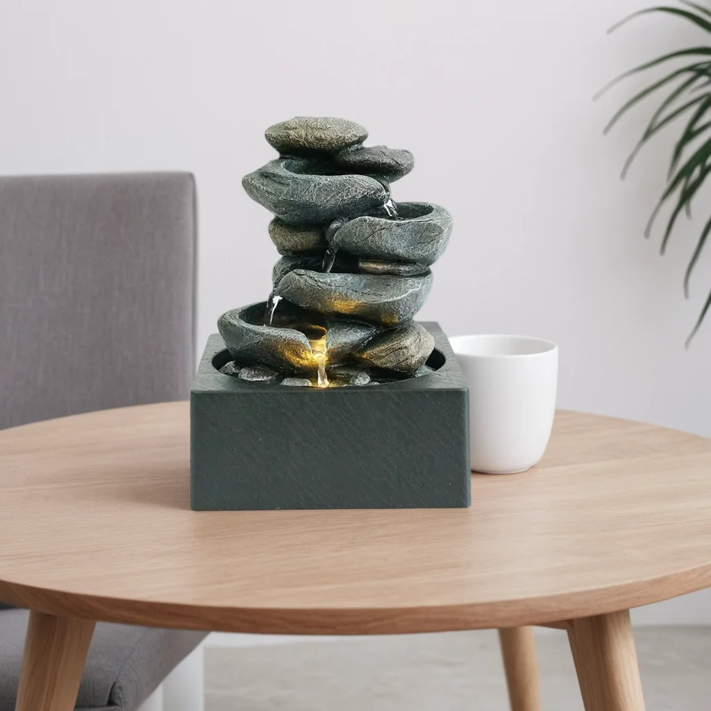 Four Layer Rockery Tabletop Water Fountain Decoration Home Decoration with LED Lights for Indoor Religious Buddhism GENO 100pcs