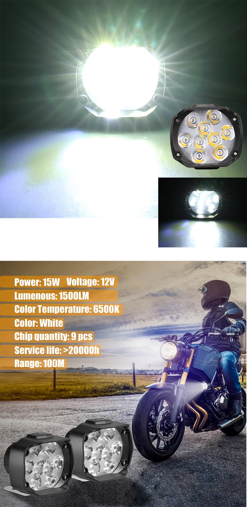 Мотоциклетные фары с 9 светодиодными лампами 15 Вт DC12V супер яркие противотуманные лампы Белый свет работы 1500LM 6500K белый вождения точечные светильники