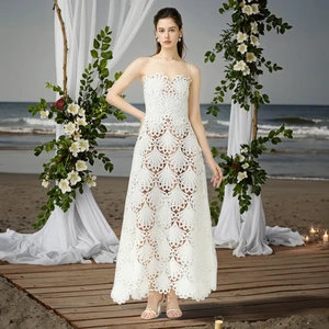 OEM/ODM Australian Designer Brand Women's Solid White Floor-Length Off-Shoulder Lace 3D Embroidery Breathable Office Dress