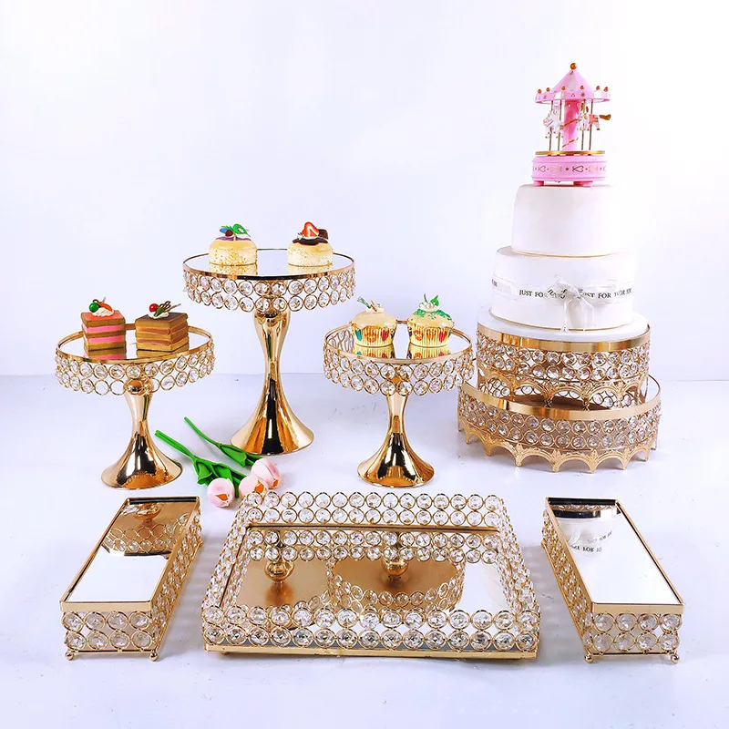 6PCS Set White Cake Stand Display Dessert Holder Wedding Crystal Party Golden 