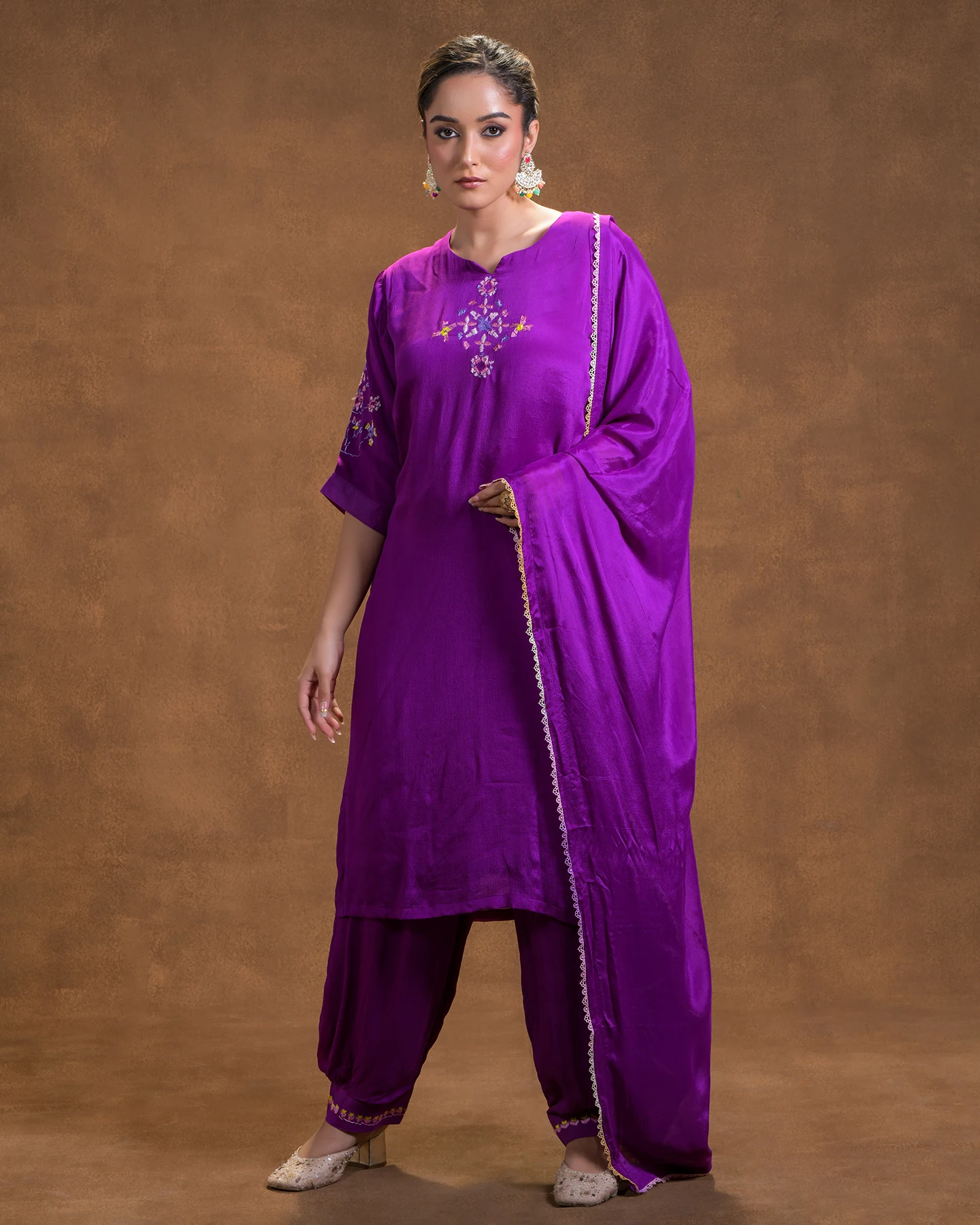 Designer Suit with Dupatta Hand Embroidery Salwar Kameez Style Women Suit Handwork Phulkari Design Pure Chinon Fabric Full Suit