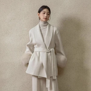 Autumn and Winter fox Fur Cuffs Double-sided Wool Coat for Women Mid Length Lace up Elegant Premium AlpacaSuri Jacket