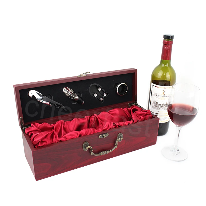 Most Popular 750ML Red Wine Single Bottle Gift Box and 4 Piece Accessories Kit With Metal Handle Wine Wooden Single Box