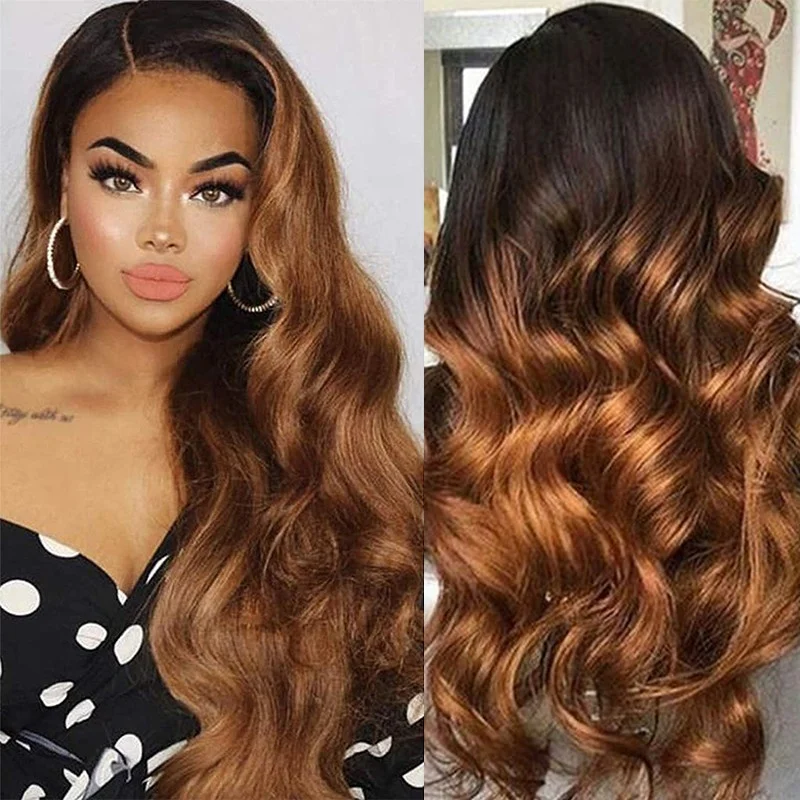Ombre Colored Human Hair Wigs - Foxen 2T Burgundy & Honey Blonde display picture 1