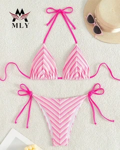 Swimwear Factory Tie Side Two Piece Sexy Swimsuit Striped Halter Triangle Bikini Set for Women