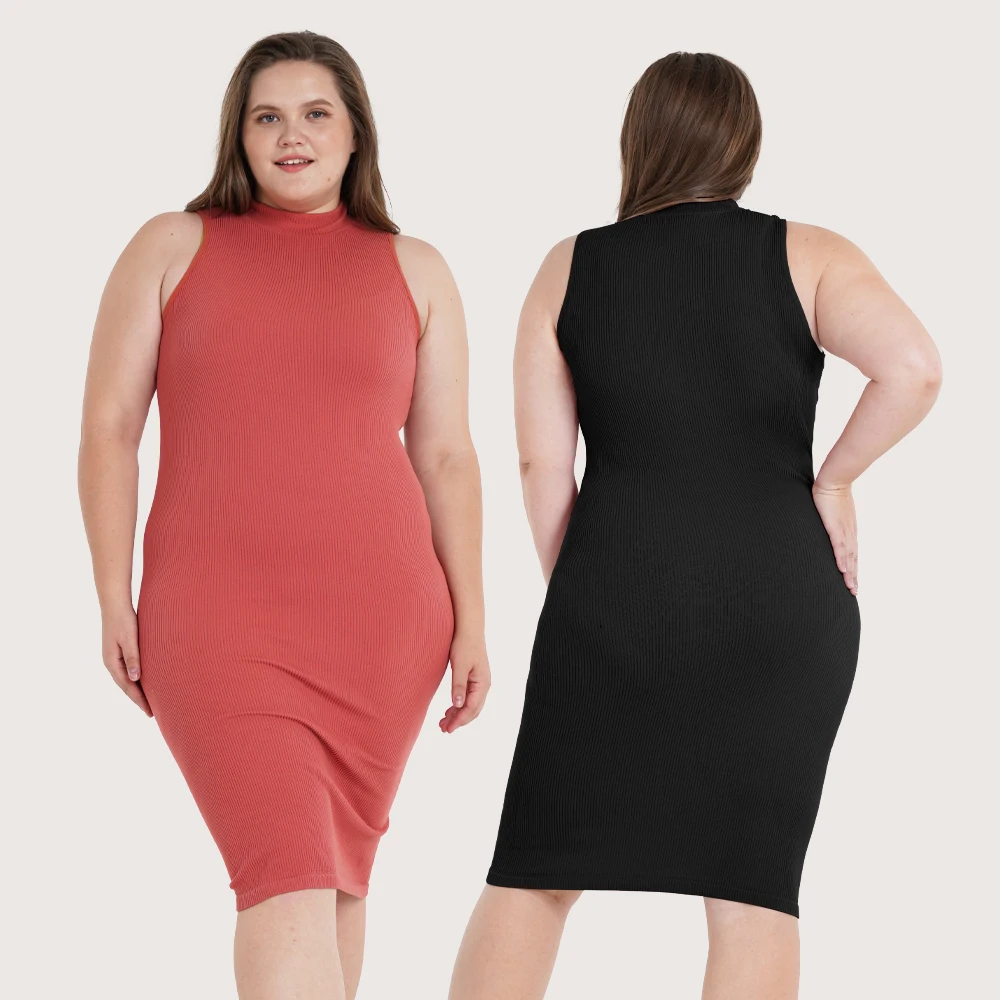 S-SHAPER Robe sans couture à côtes et col mock pour femmes, décolleté hors des épaules, sans manches, skinny, longueur maximale, robe ajustée et casual de maintien