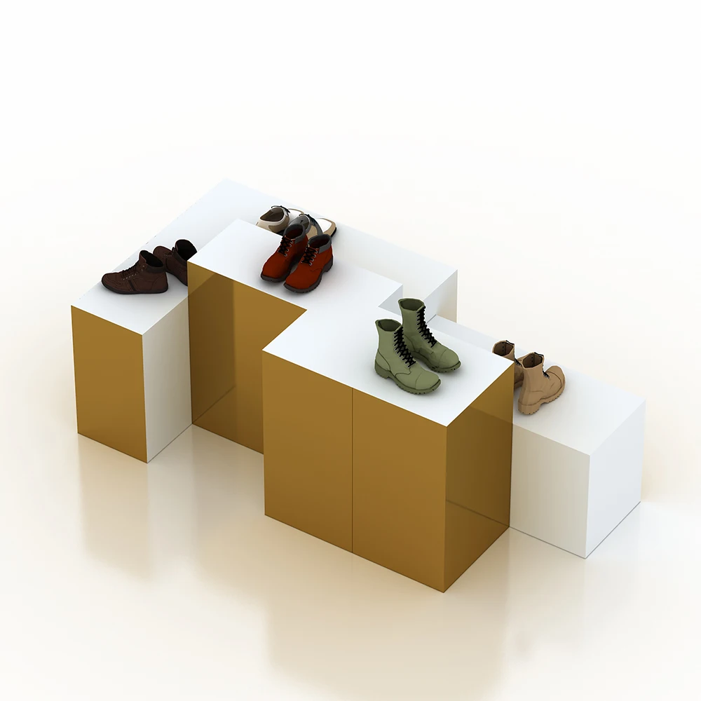 Retail Custom Store Fixture Wood Metal Rack Frame Gold Stable Soft Bamboo Shoe Bench with Leather Seat