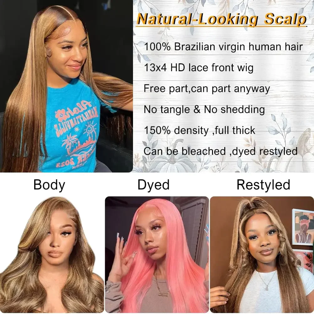 Peruka z koronką z przodu 13x4 Włosy ludzkie Prosta Miodowy Blond Ombre HD Przezroczysta Peruka z koronką z przodu z Baby Hair dla Kobiet_voghion.com