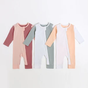 Soft Stretchy Spandex-Cotton Blend Newborn/Infant Colorblock Long-Sleeve Two-Way Zipper Rompers for Spring Fall