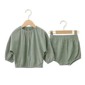 Excellent Quality Summer Children 30%Linen 70%Rayon Long Sleeves Solid Color Baby Girl Clothing Sets for 1 Year Old