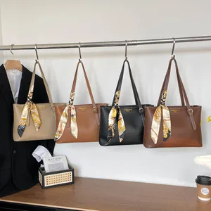 2026 New Retro PU Leather Shoulder Bag for Women Large Capacity Tote Bag Simple Texture Handbag With Ribbon