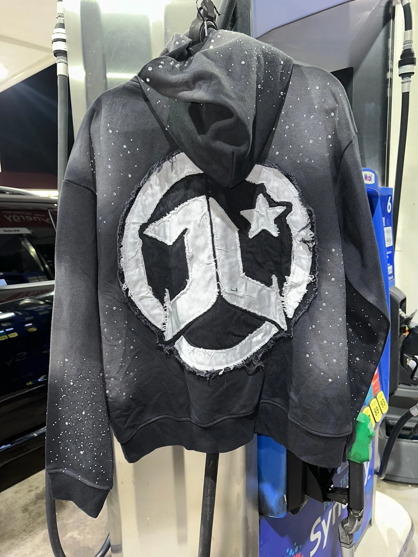Custom Applique Embroidery Distressed Hoodie Rhinestone Zip up Hoodies Acid Washed Vintage Wash Men Streetwear Hoodie gallery 4