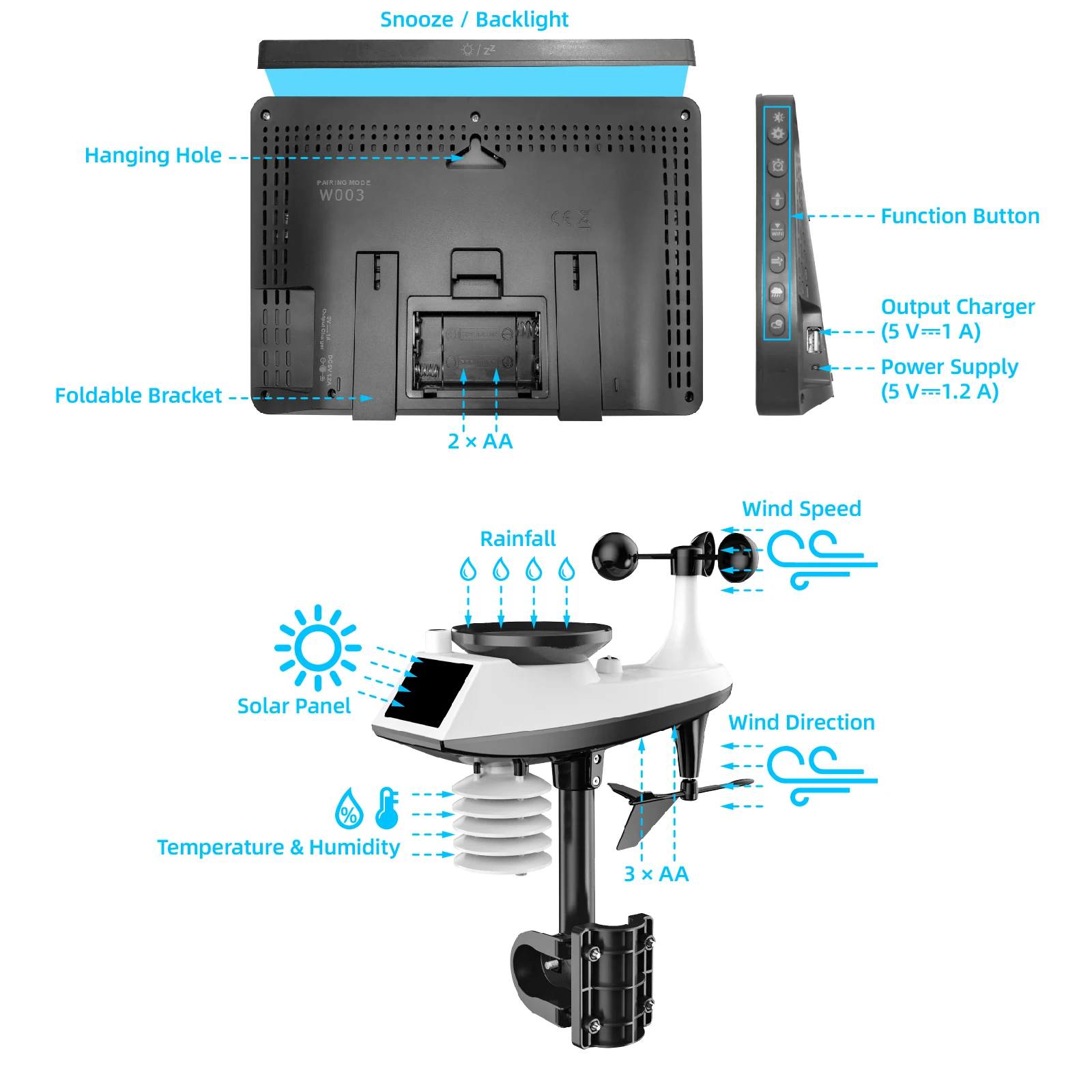 Colorful Professional Weather Station  with Wind Speed Direction Forecast and Barometer for Home Wireless Weather Station