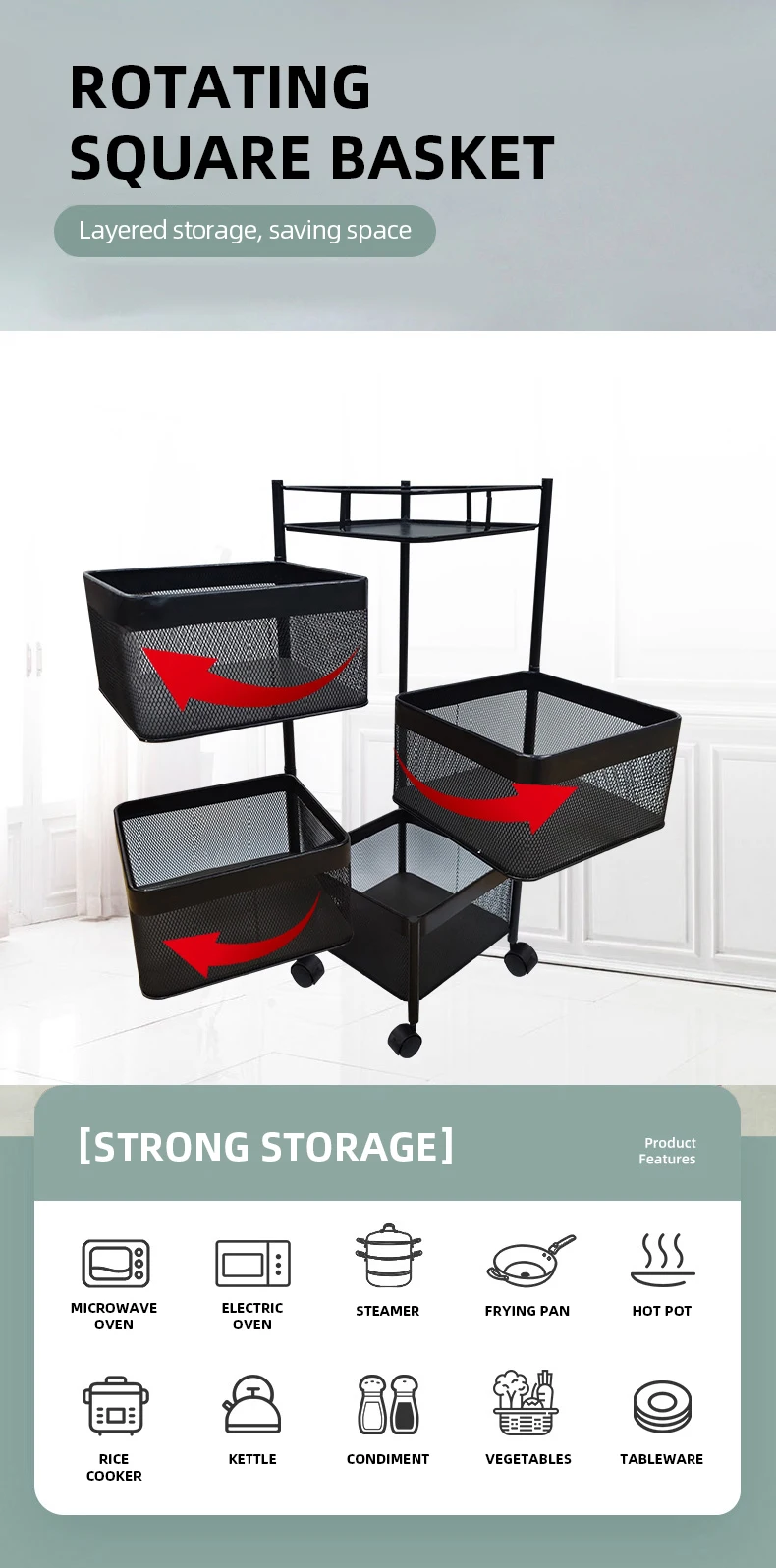 Home Metal Multi Layer Rotating Vegetable Rack Square Column Basket ...