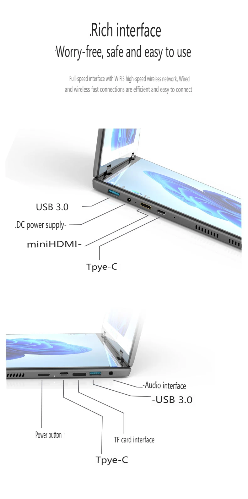 Full Size Dual Ips Screen Laptop 14 Inches Double Screen Core N95