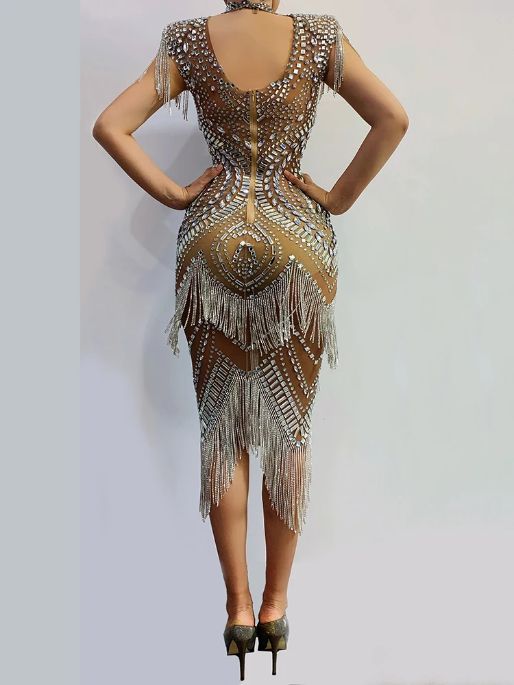 knee length dresses for ladies Valerie Silver Diamante Mesh Evening Dress(Ready to Ship) L / Silver main image 1
