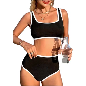 New Sexy Solid Fitness Bandeau Swimsuit Women Spandex/Polyester High Waist Two Piece Bikini Thongs Bottom Front Logo Print