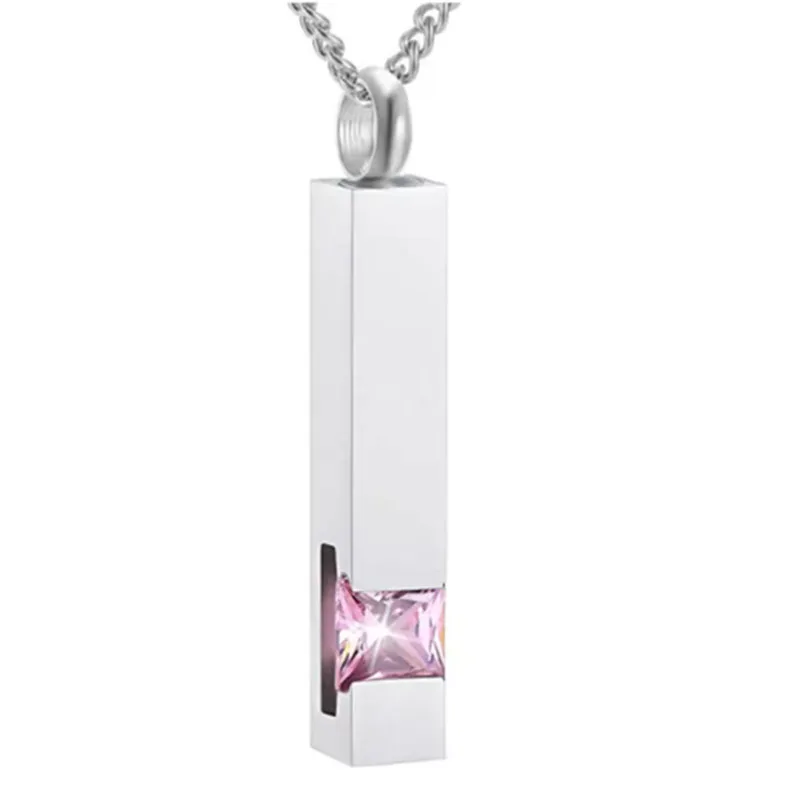 Unisex Stainless Steel Vertical Cubic Bar Container Urn Memorial Pendant Necklace Keepsake 12 color Crystal Cremation Jewelry