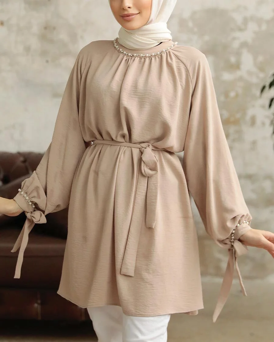 shirt dress long sleeve trendy islamic tops shirts and tunics High Quality Islamic Modest Long Sleeve Pearl Tunic Tops