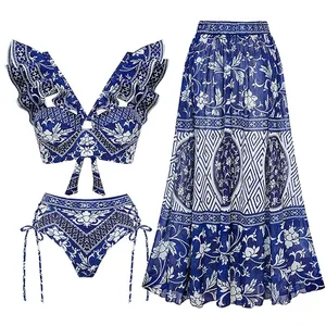 2024 V Neck Ruffle Bikini Swimsuit High Waist Swimwear for Women Print Summer Female Halter Cut Out Two Piece Bathing Suits