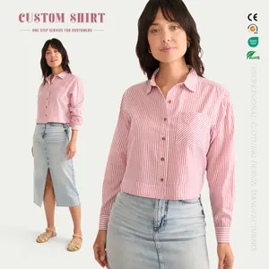 Custom Clothing Manufacturer's Vintage-Style Cotton Ladies' Shirt Long Sleeve Striped Button-Up Closure Turn Collar Casual Style