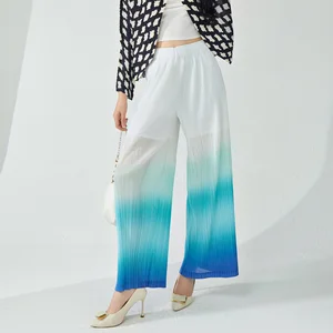 2025 New Women's Casual Loose Stretch Gradient Wide Leg Pants Pleated Western Style With Elastic Waist and Pattern Decoration