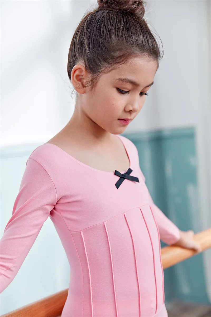 Oem Front Bow Gymnastics Leotards Ballerina Costume Children Training Dancewear Long Sleeve