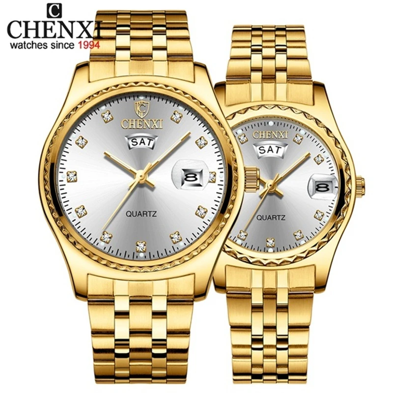 CHENXI 8204 orologi di marca di lusso in acciaio inossidabile orologi in  oro per uomo calendario settimana orologio al quarzo set di orologi da  coppia