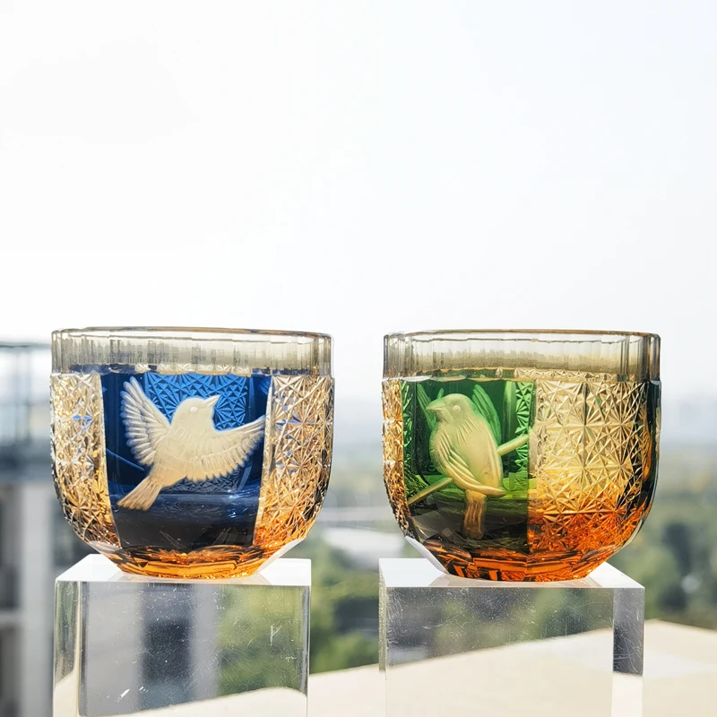 Edo Krko Glass Hand Carved Peacock Crystal Whsky Glasses Amber Green